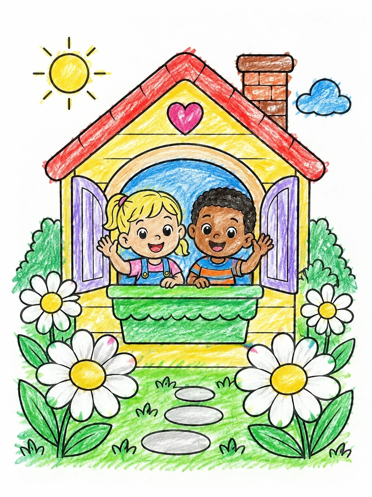 Colored example of the Happy Friends In Cottage Playhouse coloring page