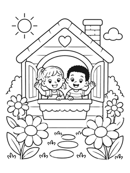 Free printable Happy Friends In Cottage Playhouse coloring page