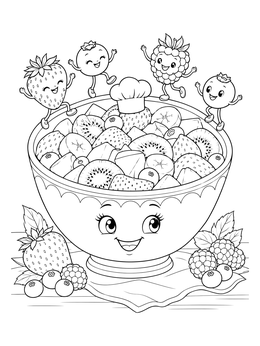A cheerful fruit salad coloring page showing a smiling bowl with dancing berry characters.