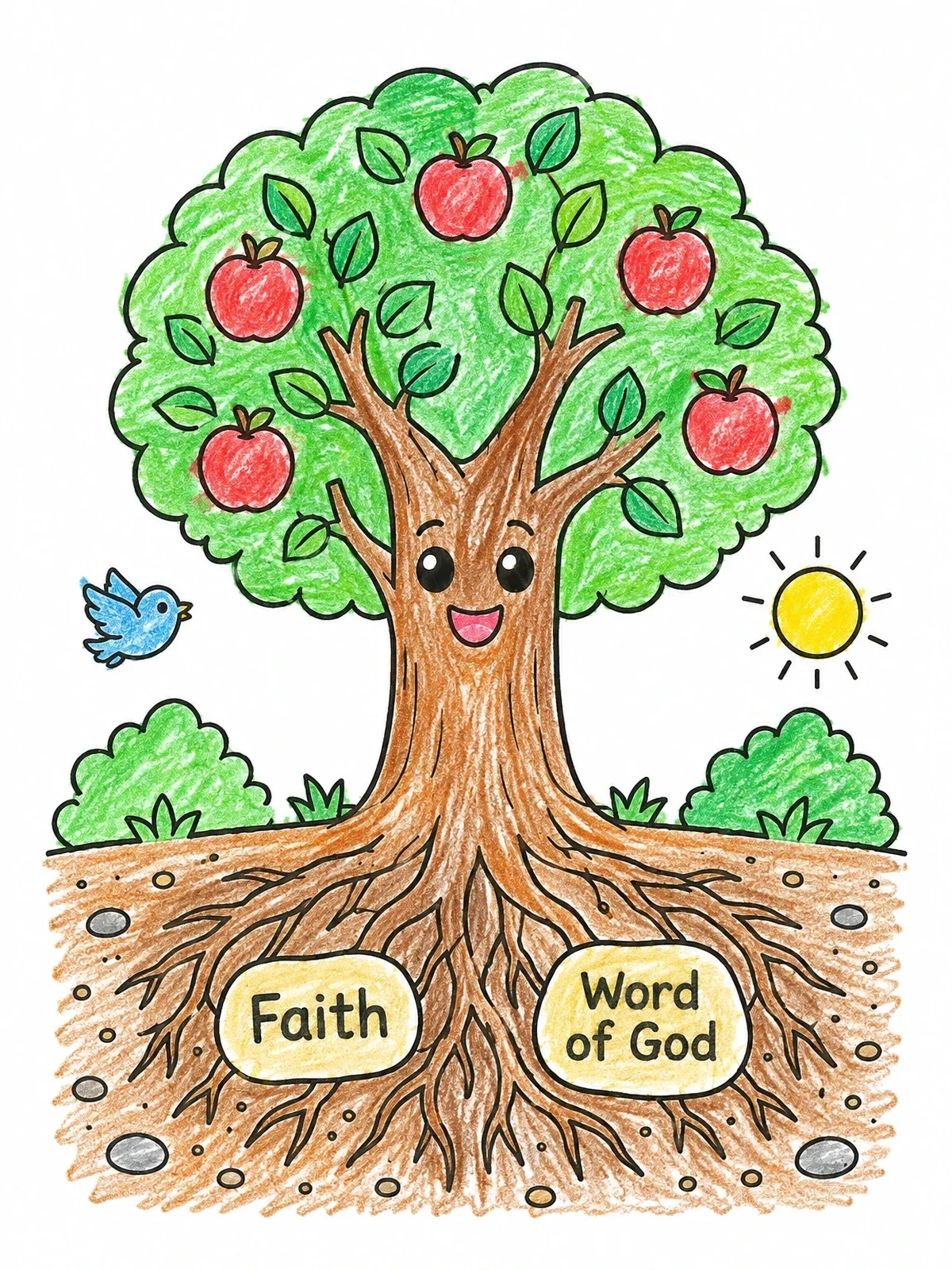 Colored example of the Happy Fruit Tree With Deep Roots coloring page