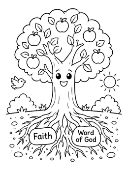 A cheerful fruit of the spirit coloring page featuring a smiling tree rooted in faith.
