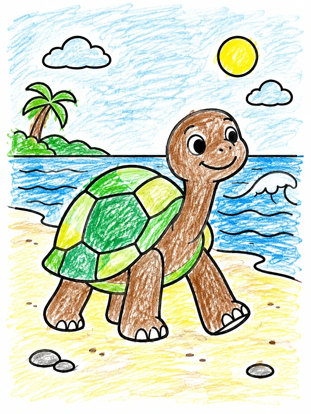 Colored example of the Happy Galapagos Tortoise On The Beach coloring page