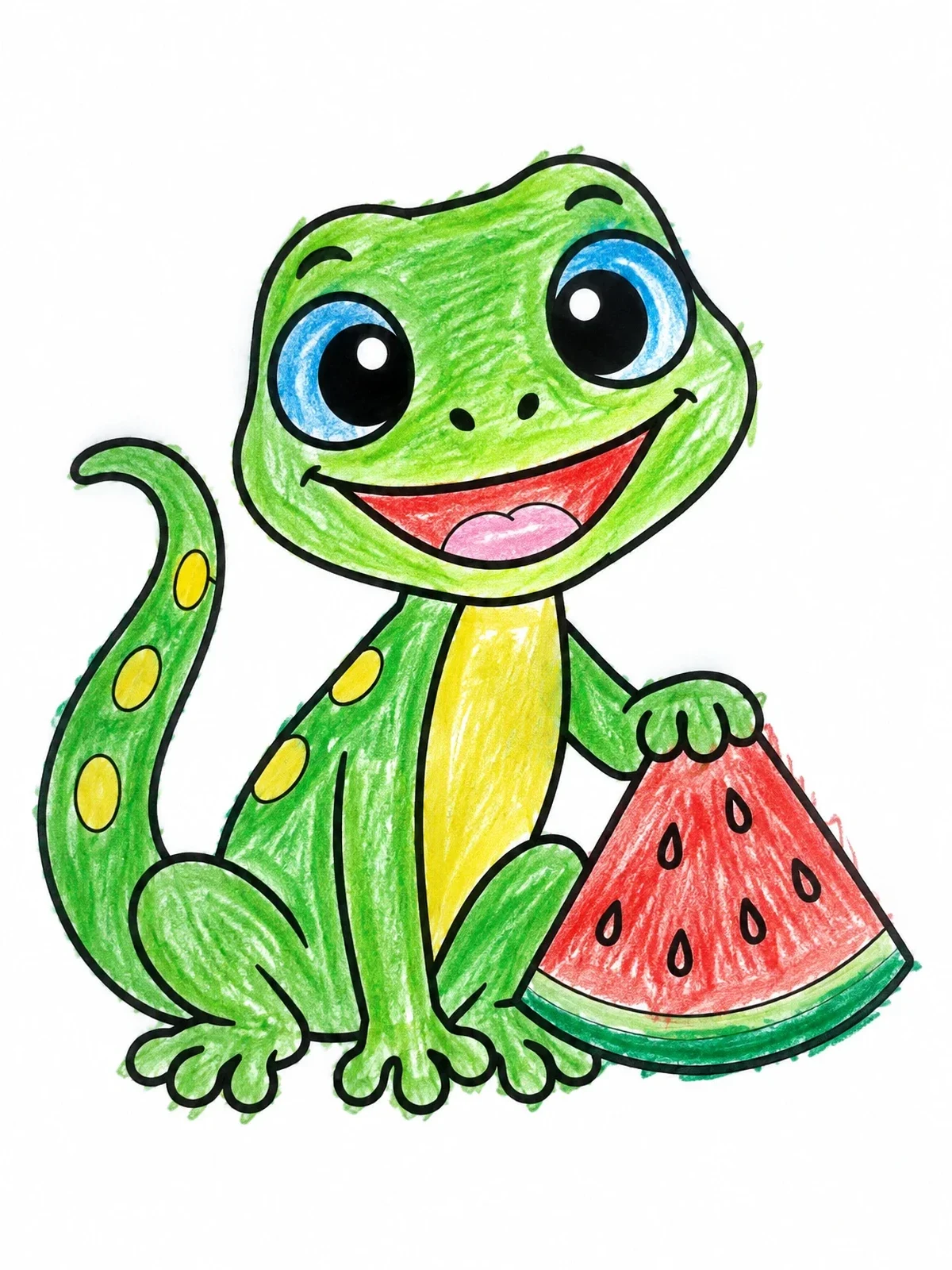 Colored example of the Happy Gecko With Watermelon Slice coloring page