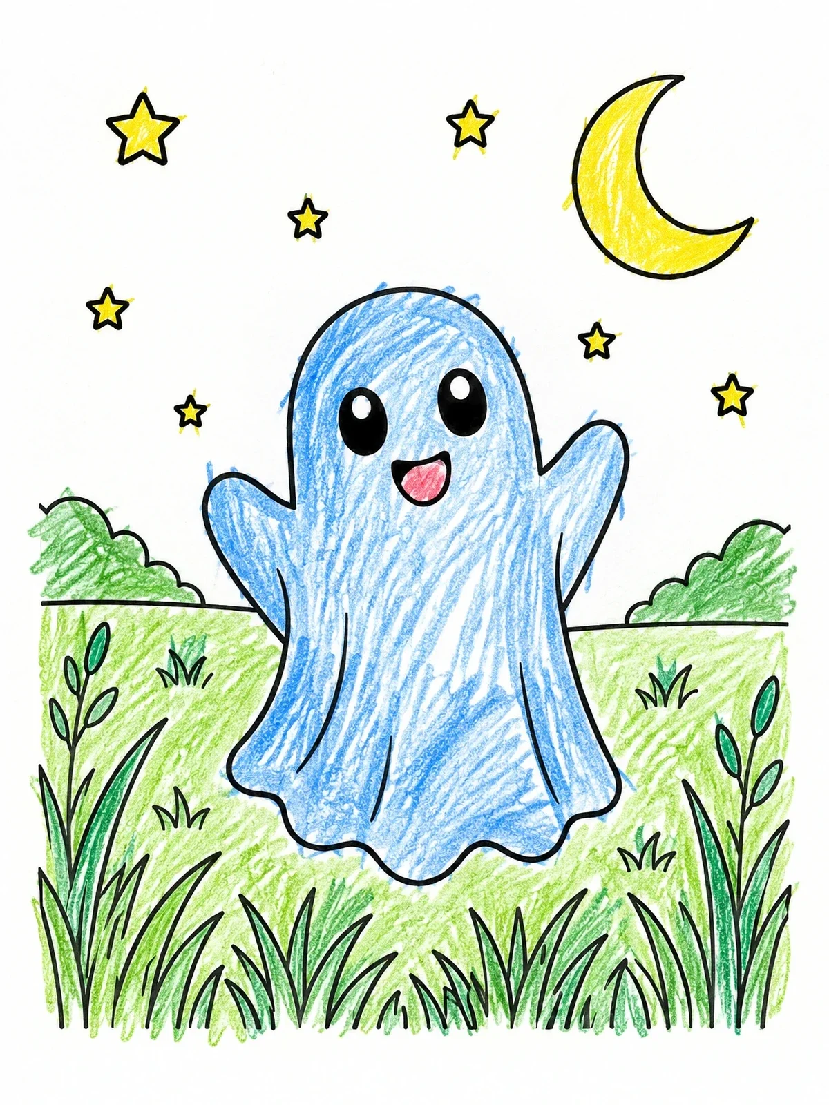 Colored example of the Happy Ghost In Night Meadow coloring page