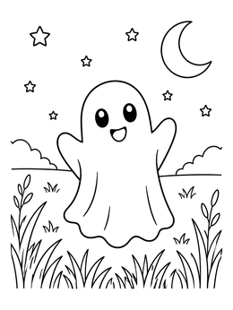 Free printable Happy Ghost In Night Meadow coloring page