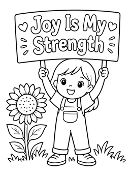 Free printable Happy Girl Holding Joy Sign coloring page
