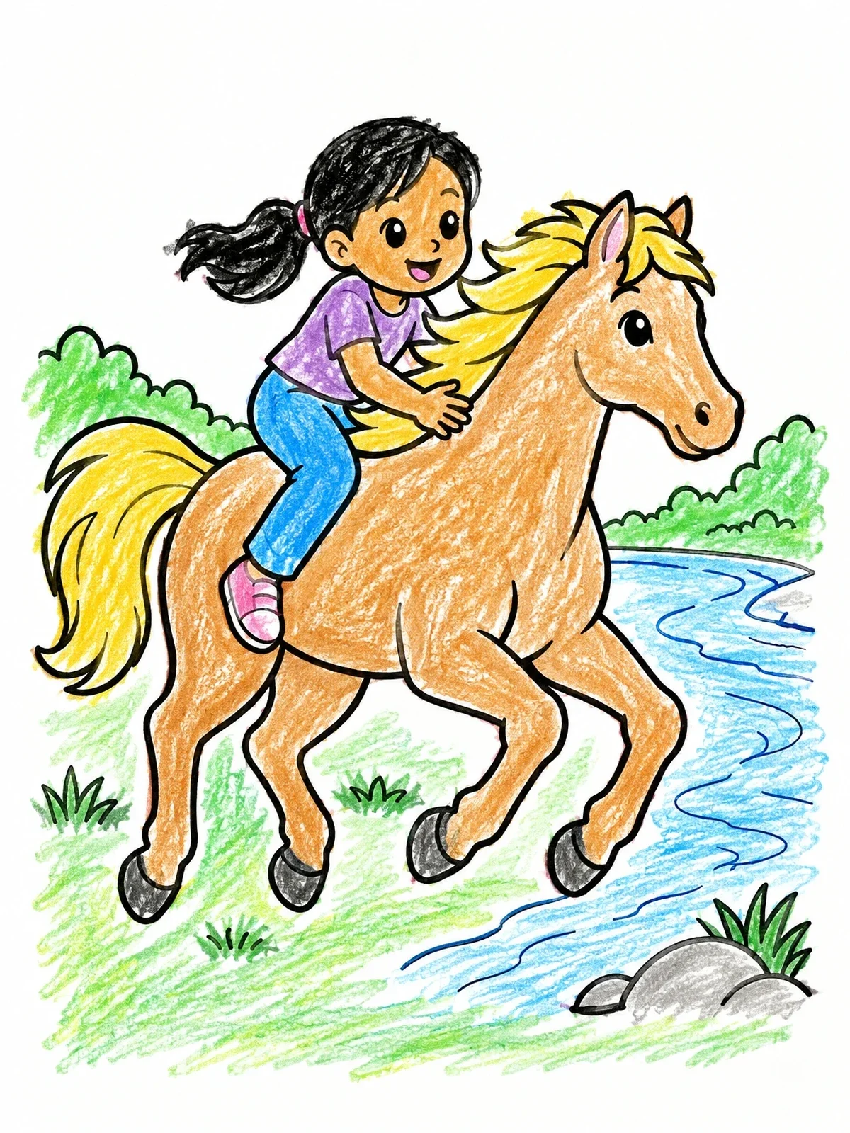 Colored example of the Cheerful Girl Riding A Galloping Horse coloring page