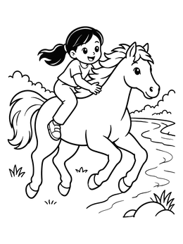 Free printable Cheerful Girl Riding A Galloping Horse coloring page