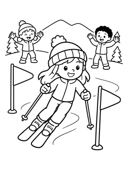 A cheerful girl glides between flags on this fun skiing coloring page with friends cheering behind her.