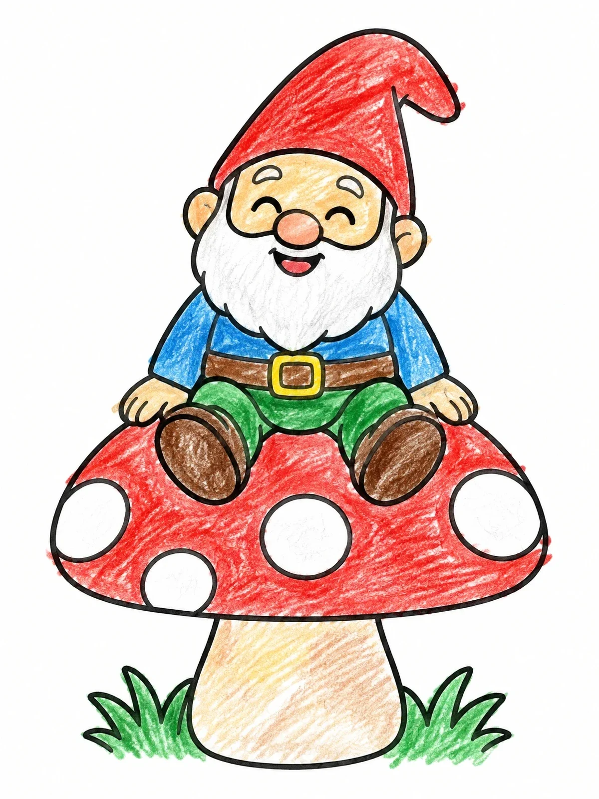 Colored example of the Happy Gnome Sitting On A Mushroom coloring page