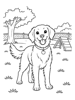 A cheerful retriever enjoys the grassy park in this dog coloring page.