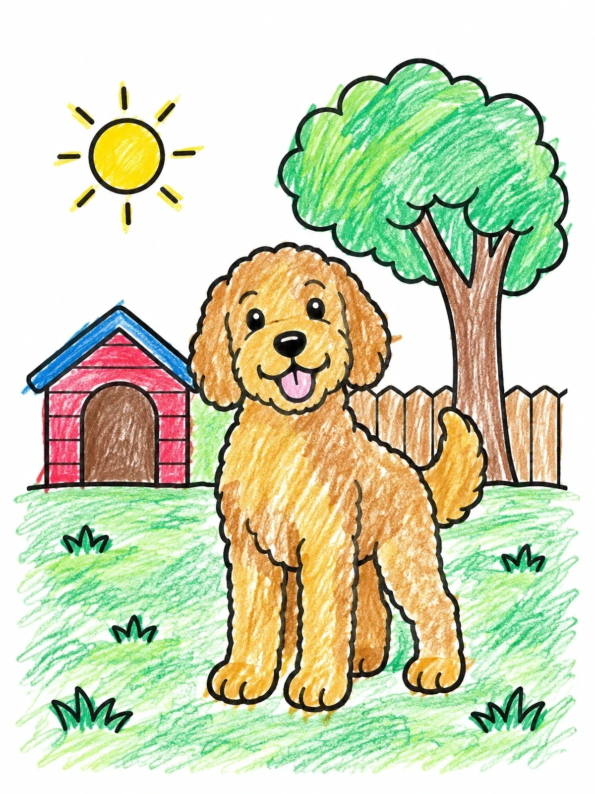 Colored example of the Happy Goldendoodle In The Backyard coloring page