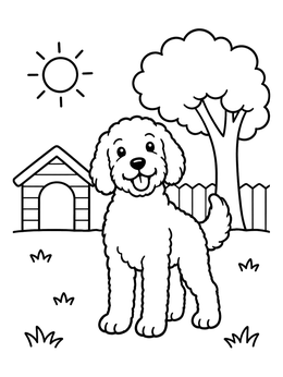 Free printable Happy Goldendoodle In The Backyard coloring page