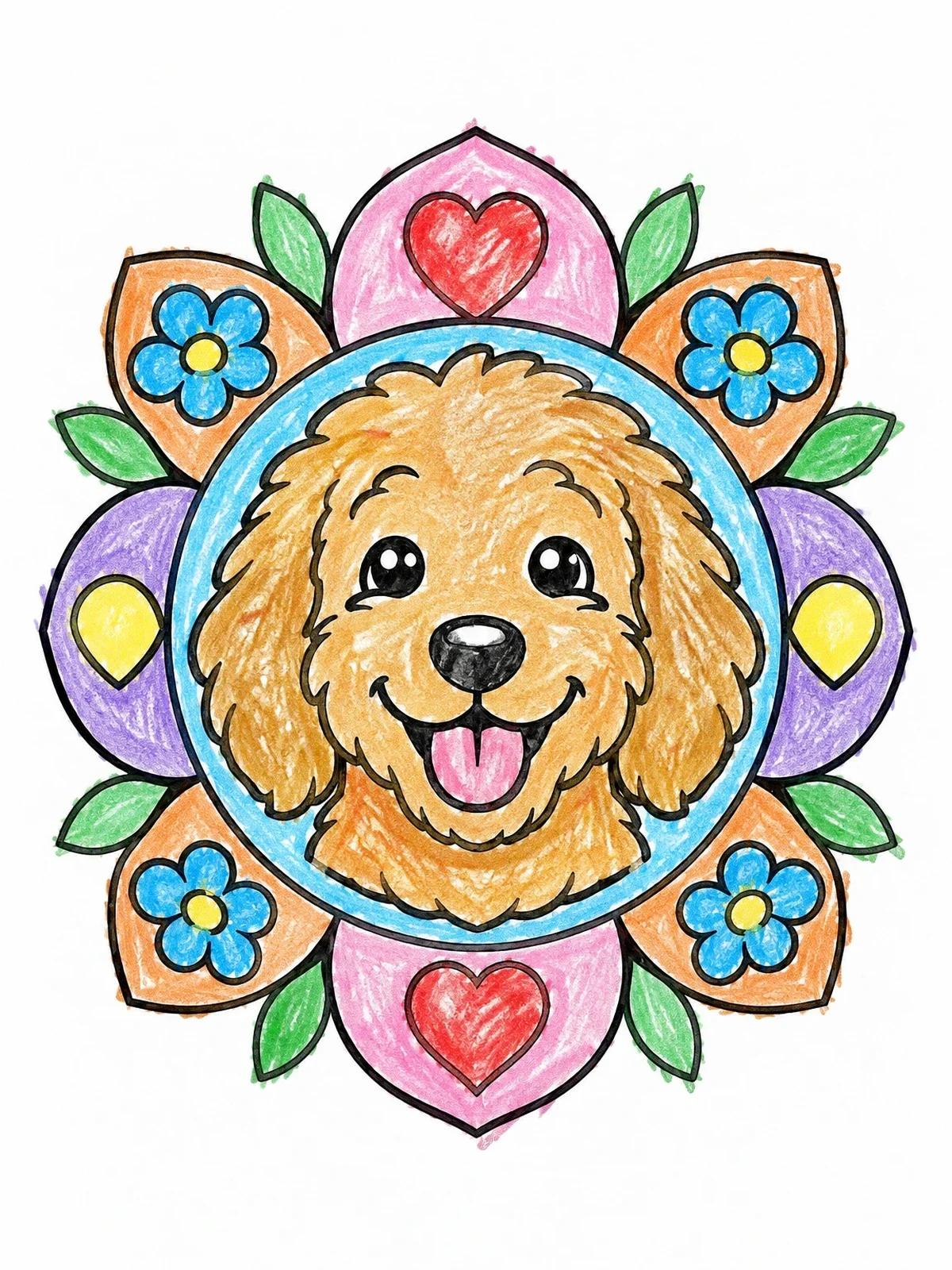 Colored example of the Happy Goldendoodle Puppy In Floral Frame coloring page
