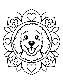 Free printable Happy Goldendoodle Puppy In Floral Frame coloring page