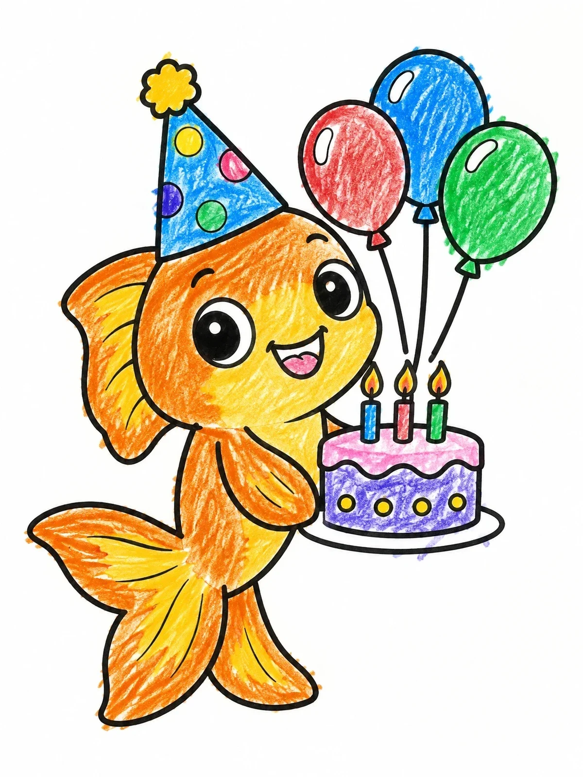 Colored example of the Happy Goldfish Celebrating Birthday coloring page