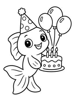 A cheerful cartoon goldfish coloring page with birthday hat, cake, and balloons.