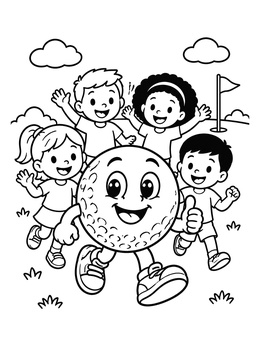 Free printable Happy Golf Ball Running With Kids coloring page