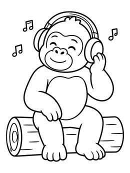 A cheerful gorilla coloring page featuring the ape with headphones on a log.