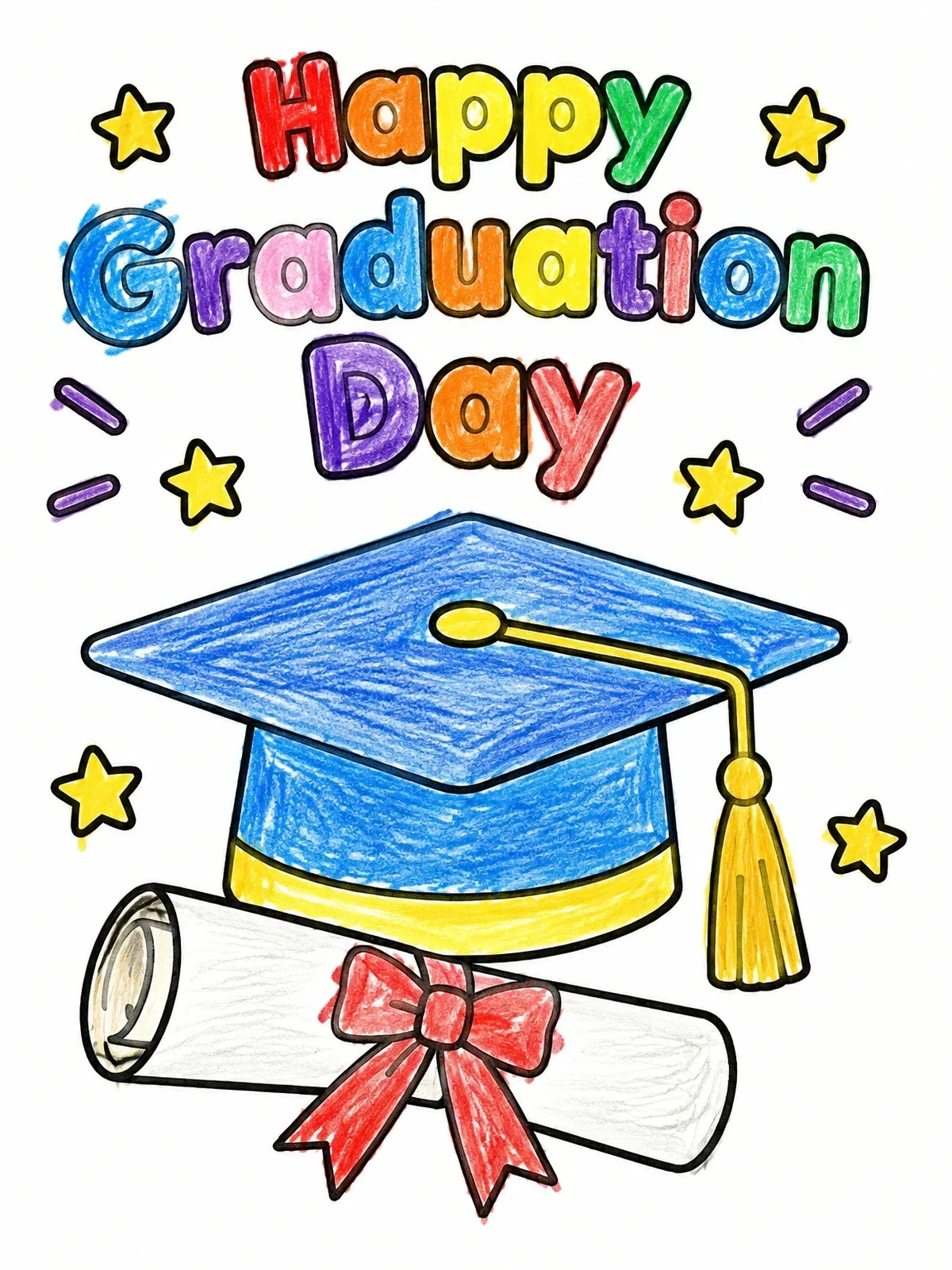 Colored example of the Happy Graduation Day Cap And Diploma coloring page