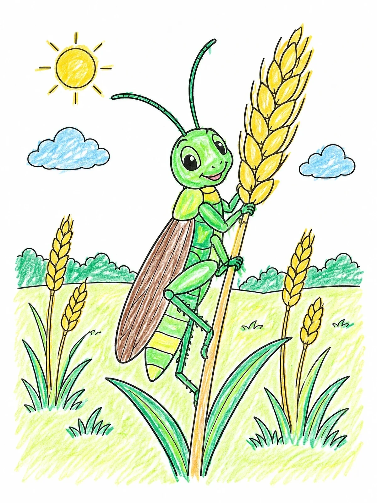 Colored example of the Happy Grasshopper On Wheat Stalk coloring page