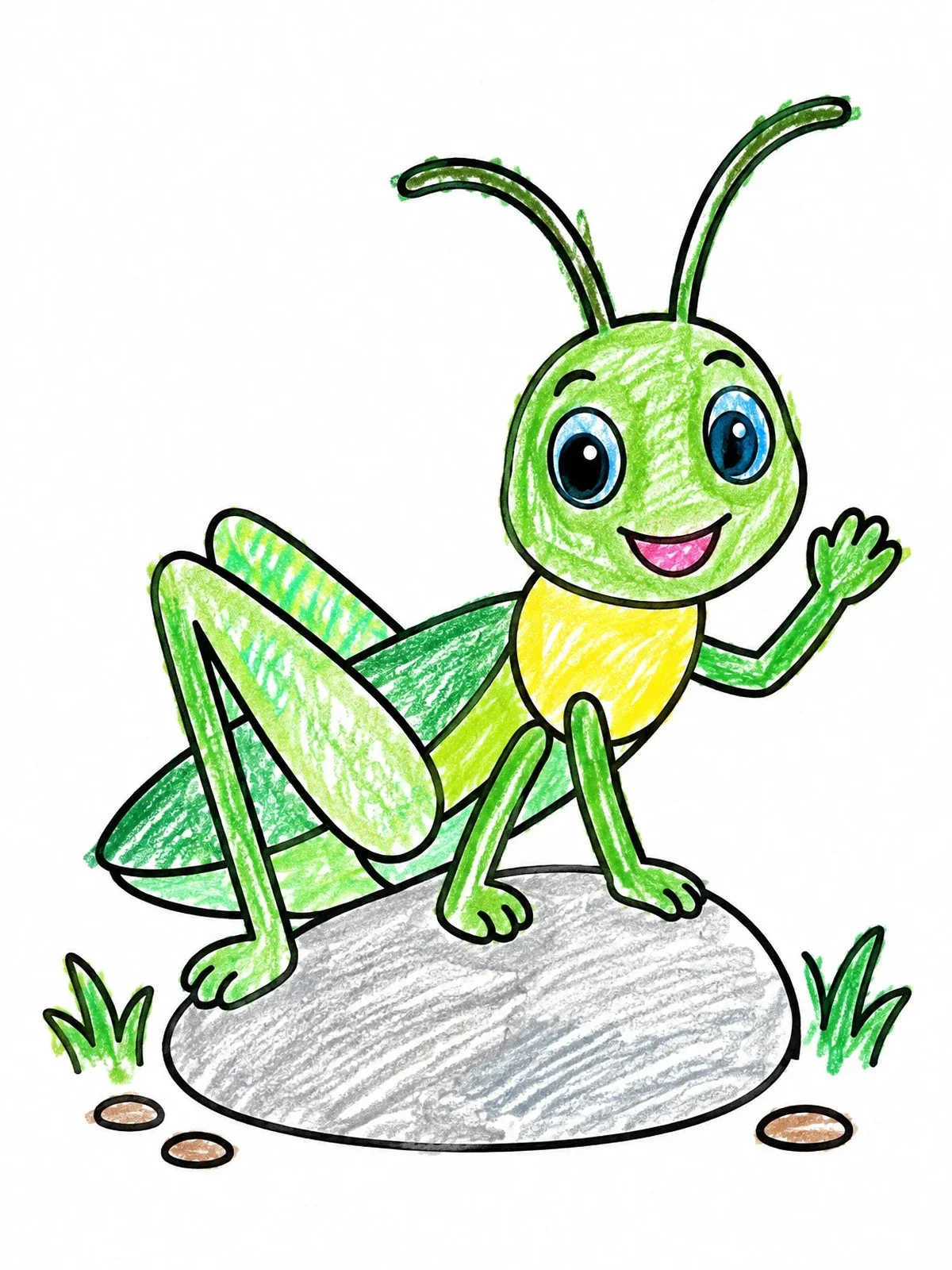Colored example of the Happy Grasshopper Waving On Stone coloring page