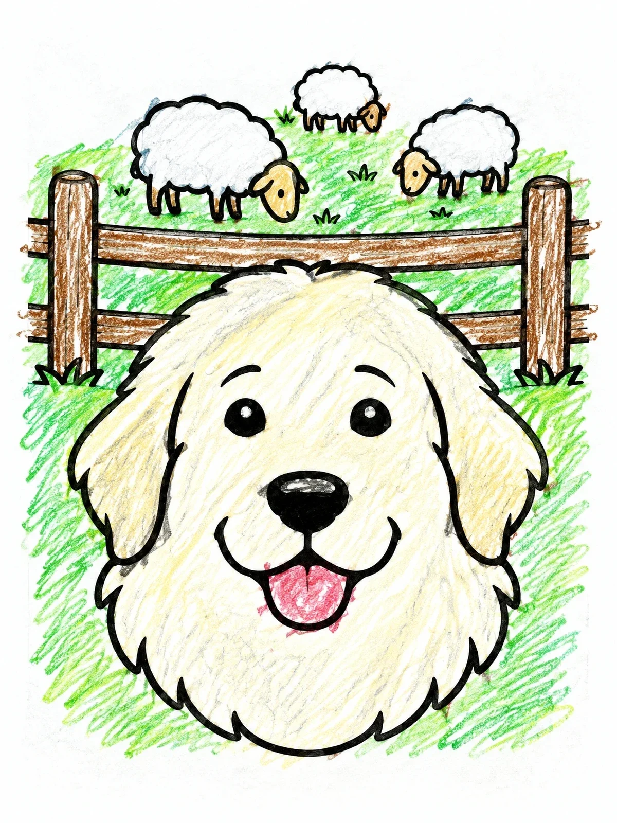 Colored example of the Happy Great Pyrenees And Sheep coloring page