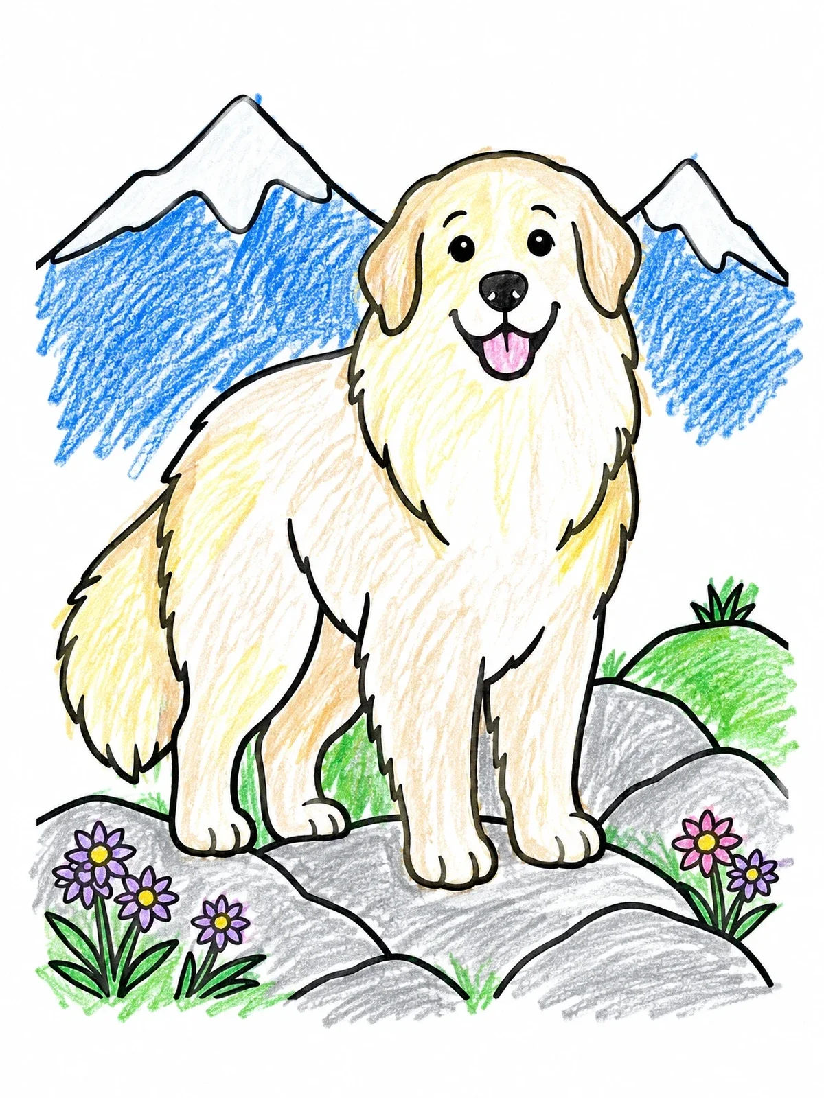 Colored example of the Happy Great Pyrenees On A Mountain coloring page