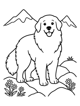 Free printable Happy Great Pyrenees On A Mountain coloring page