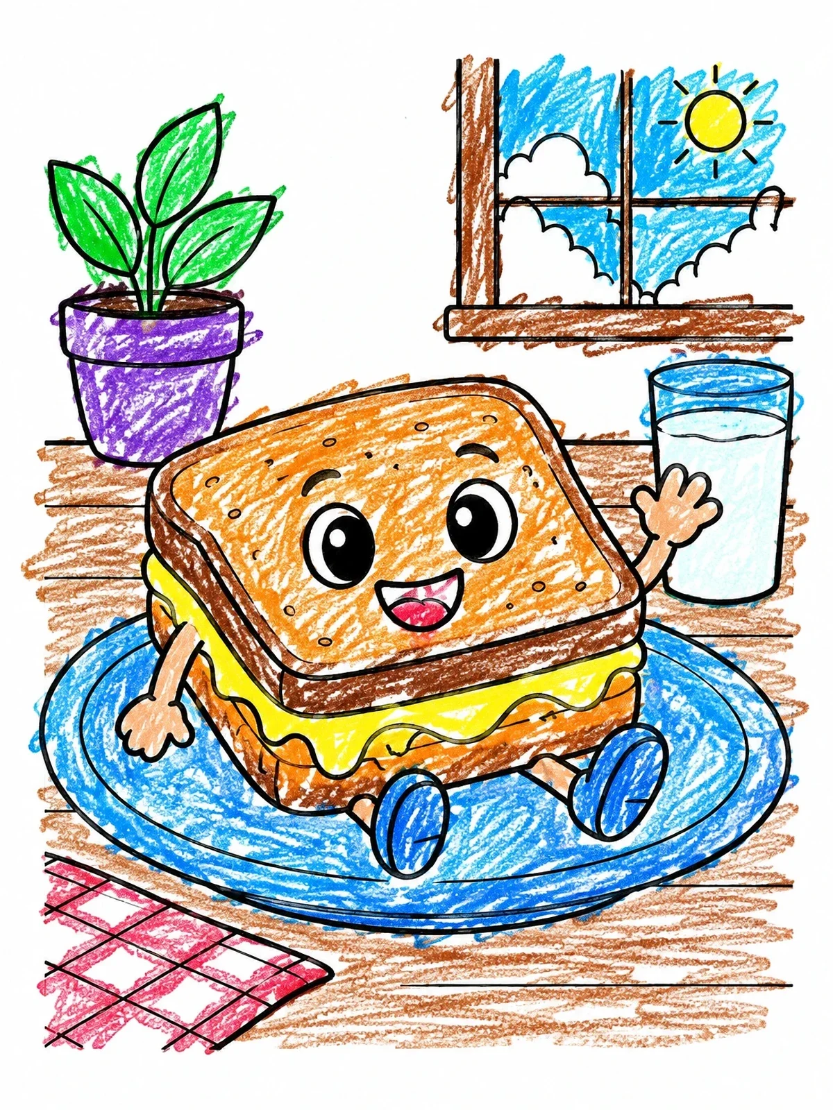Colored example of the Happy Grilled Cheese Sandwich On A Plate coloring page