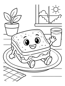 A happy cheese coloring page showing a friendly cartoon grilled cheese sandwich waving from a plate.