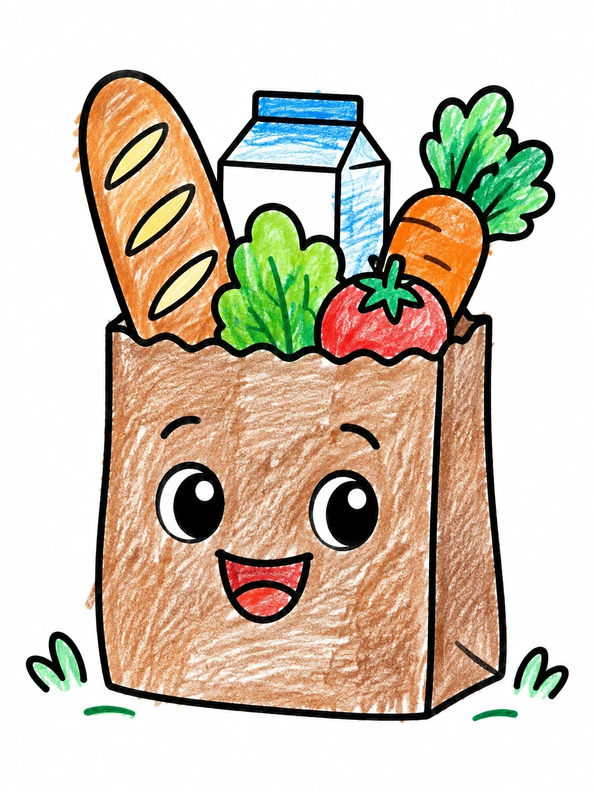 Colored example of the Happy Grocery Bag With Fresh Food coloring page