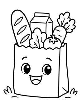 Free printable Happy Grocery Bag With Fresh Food coloring page