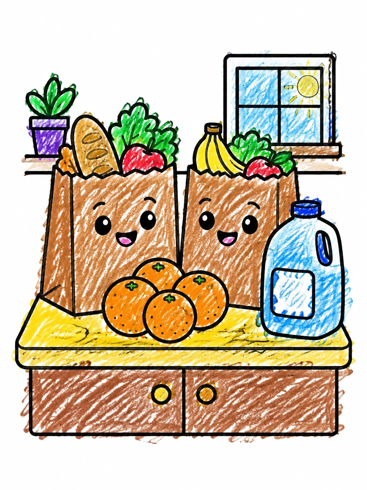 Colored example of the Happy Grocery Bags On Kitchen Counter coloring page