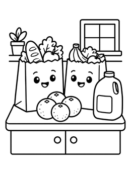 Free printable Happy Grocery Bags On Kitchen Counter coloring page