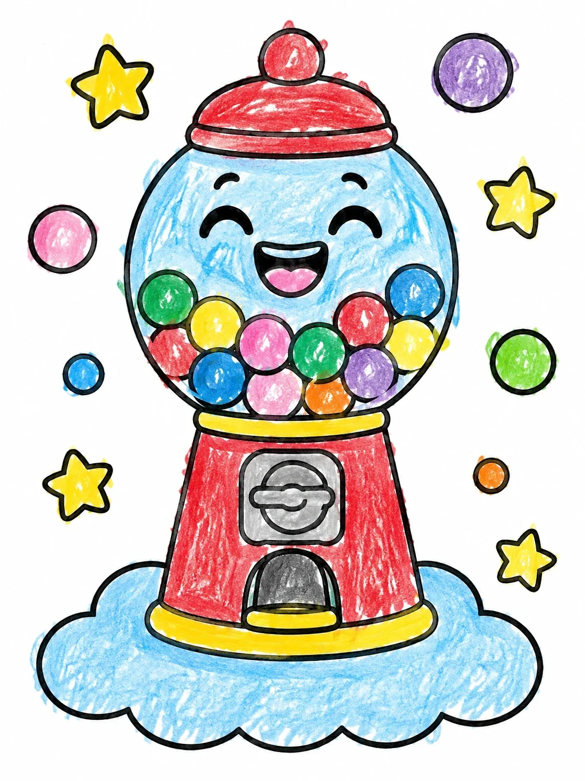 Colored example of the Happy Gumball Machine On A Cloud coloring page