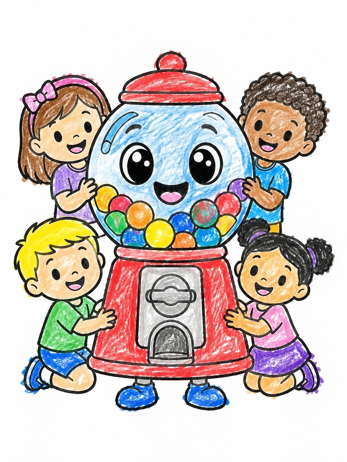 Colored example of the Happy Gumball Machine With Cheerful Kids coloring page
