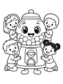 Free printable Happy Gumball Machine With Cheerful Kids coloring page