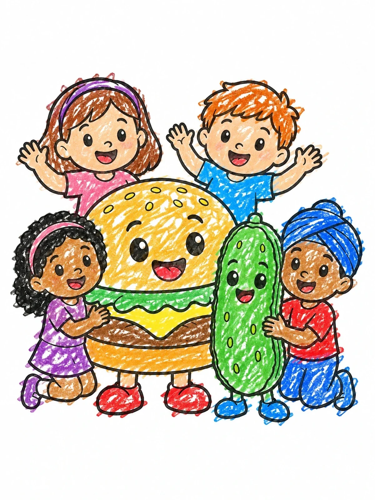 Colored example of the Happy Hamburger And Pickle With Kids coloring page