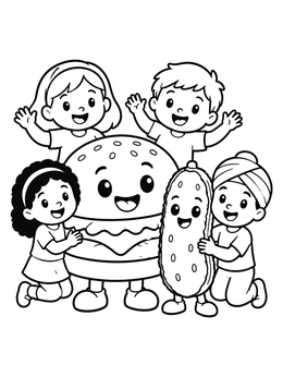 Smiling kids gather around cute food mascots on this hamburger coloring page.