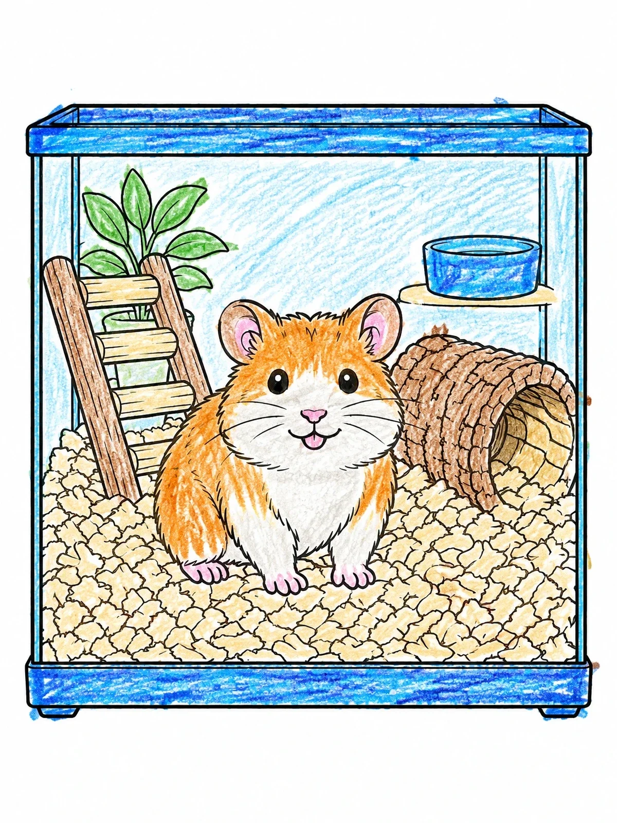 Colored example of the Happy Hamster In Glass Enclosure coloring page