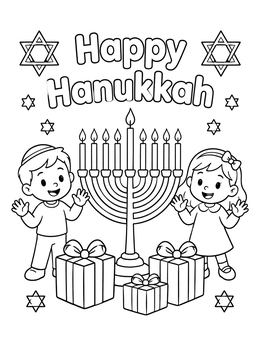 Free printable Happy Hanukkah Menorah With Children coloring page