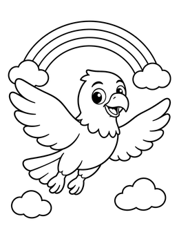 A cheerful cartoon bird soars in the sky in this cute hawk coloring page with a rainbow.