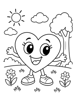 A cheerful cartoon heart coloring page with arms and shoes standing in a sunny meadow.