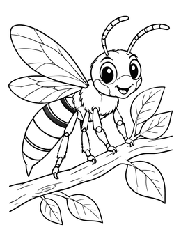 Free printable Happy Hornet On A Leafy Branch coloring page