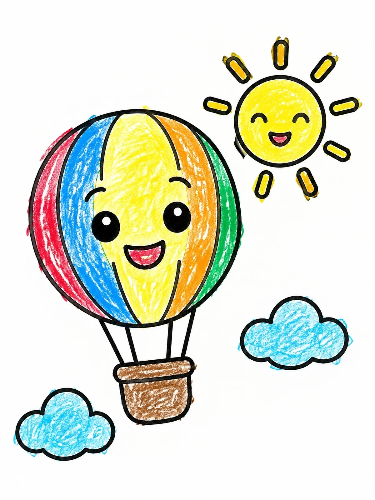 Colored example of the Happy Hot Air Balloon And Sun coloring page