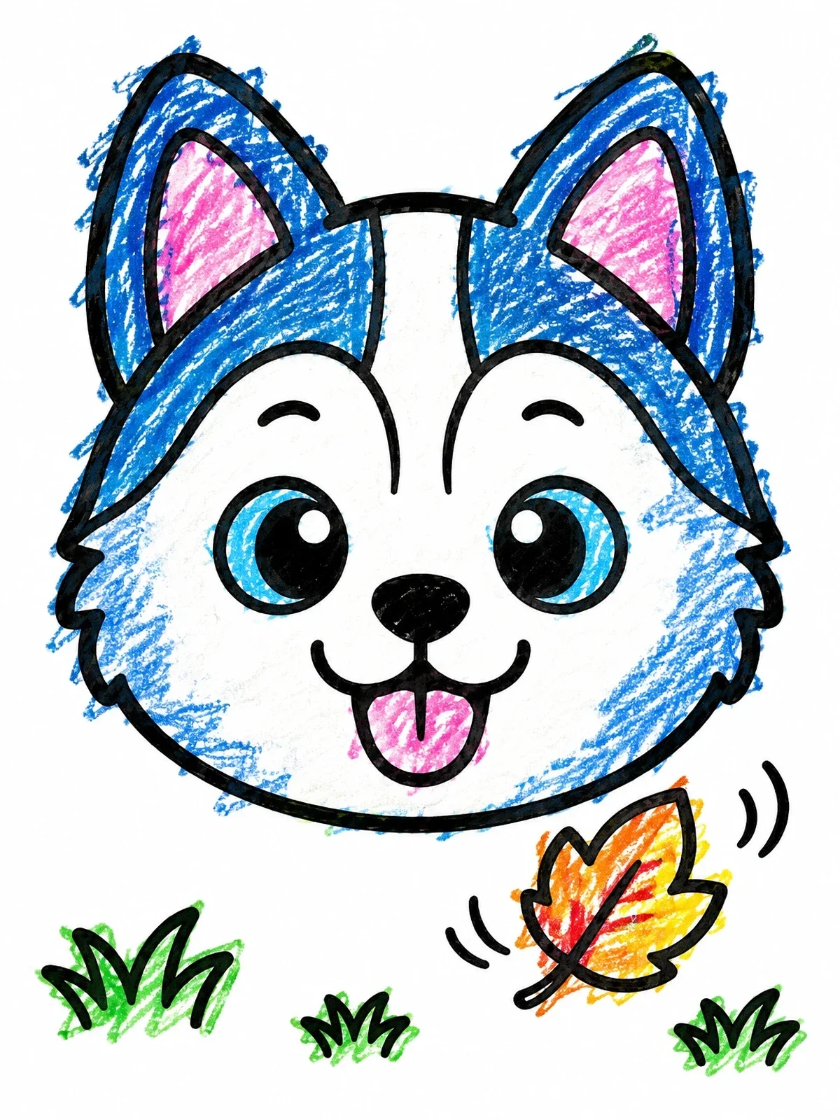 Colored example of the Happy Husky Puppy Face And Leaf coloring page