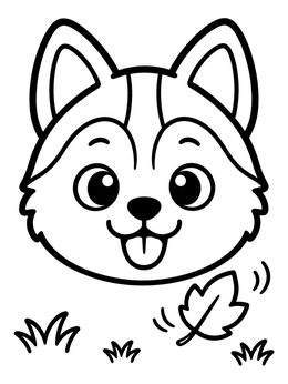 Free printable Happy Husky Puppy Face And Leaf coloring page