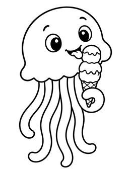 A cute jellyfish coloring page holding a sweet ice cream cone with its tentacle.