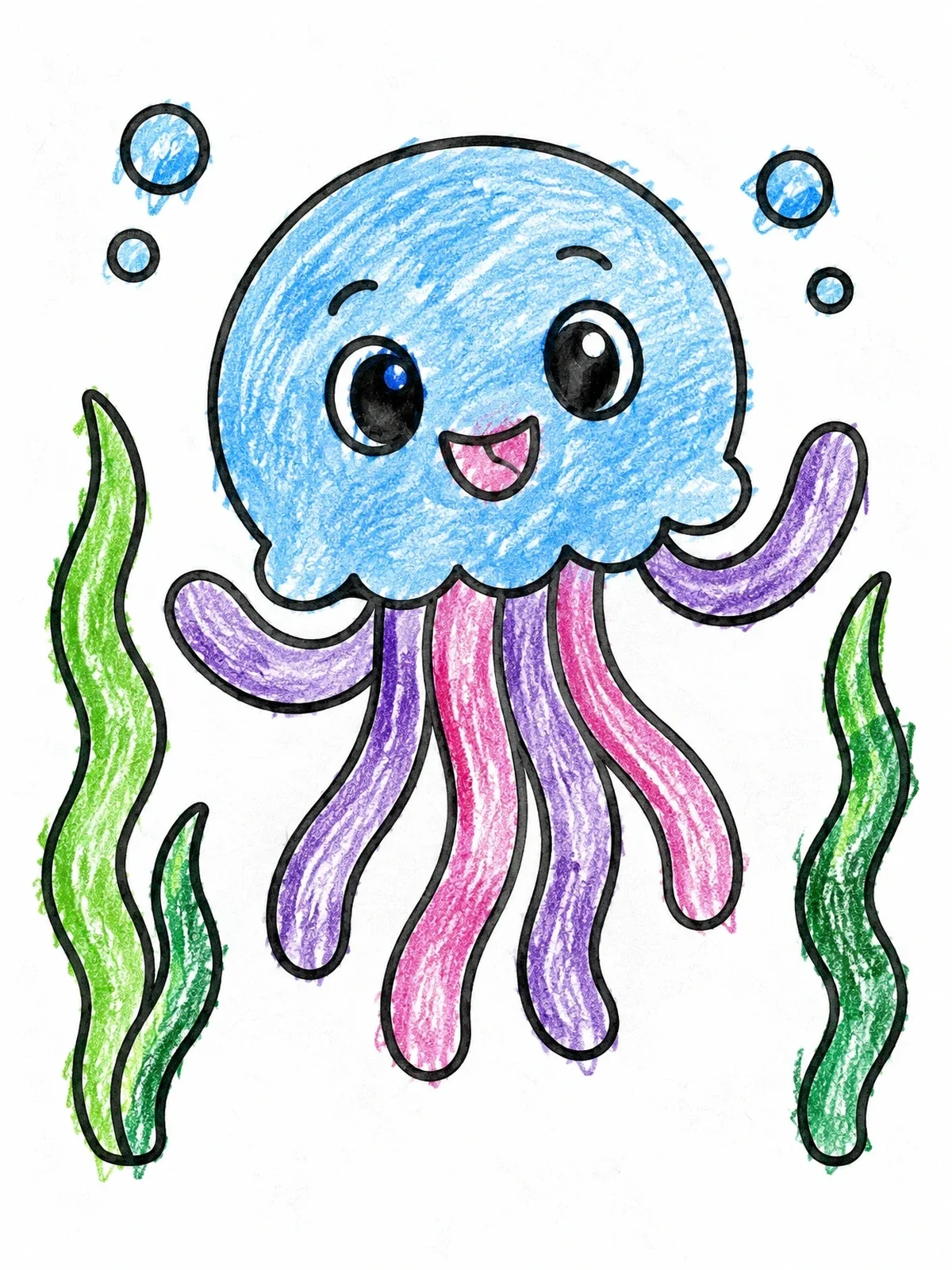 Colored example of the Happy Jellyfish Floating In Seaweed coloring page